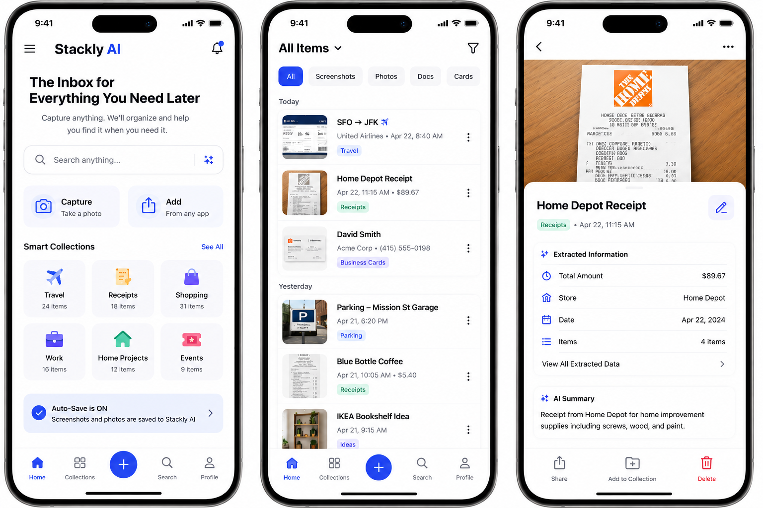 Three iPhone screens showing Stackly AI dashboard, item inbox, and receipt detail view